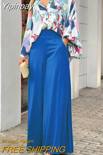 Yipinpay 2023 Summer Loose Large Size Casual Printed Shirt Top Wide Leg Pants Two Piece Set Female Suit Fashion Outfits